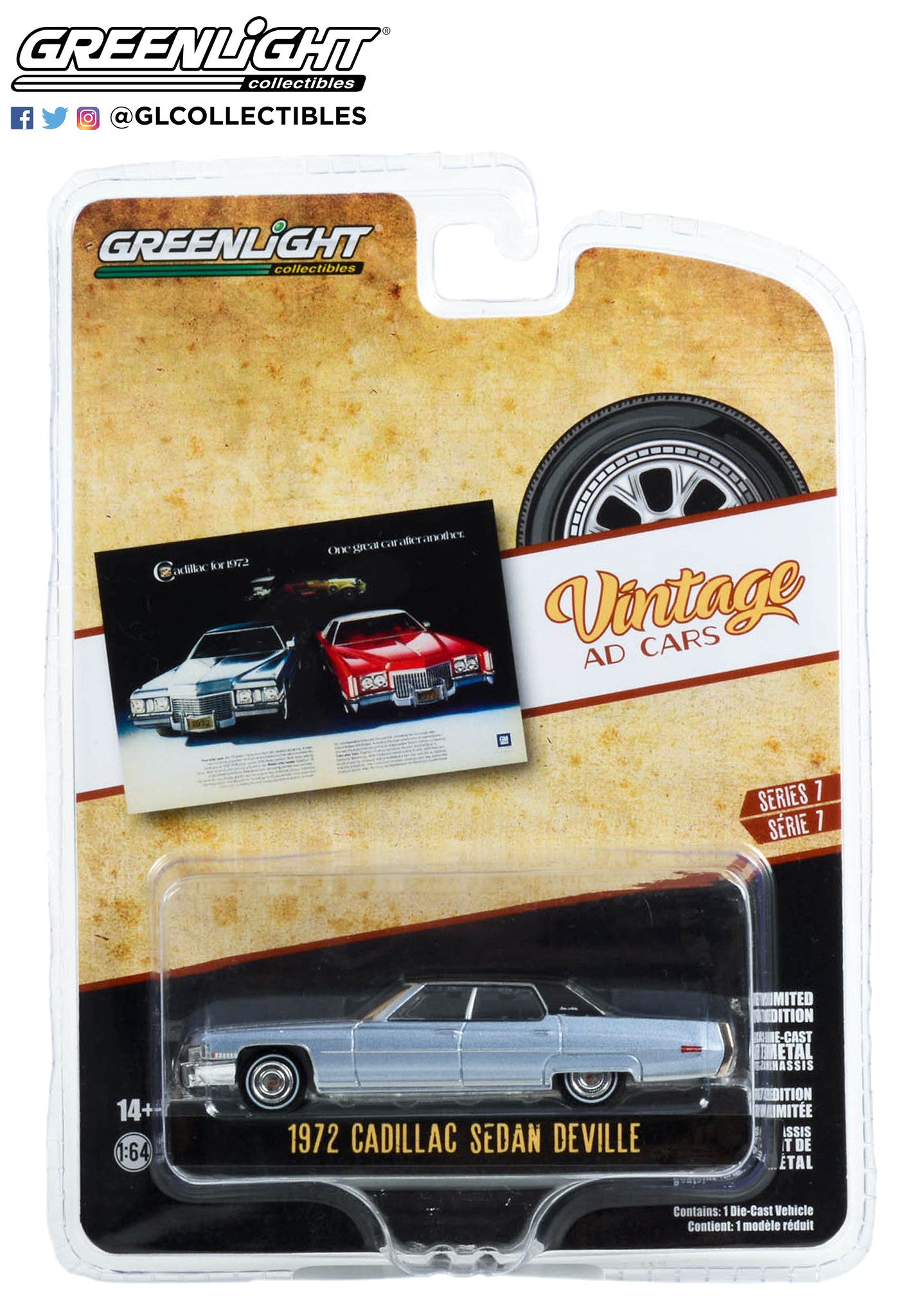 Greenlight Vintage Ad Cars Series 7 1972 Cadillac Sedan Deville Blue 1:64