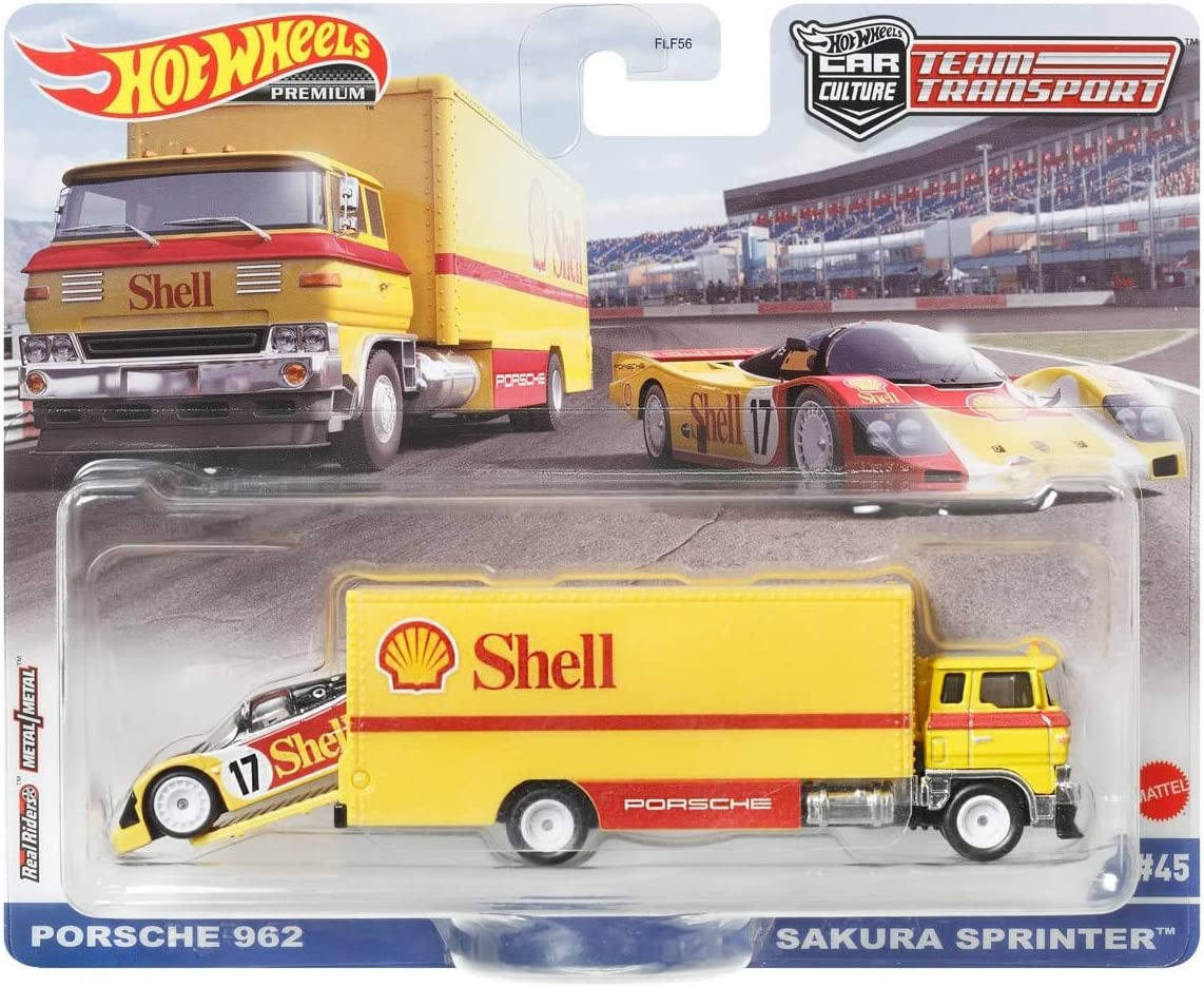NEW LOOSE DAMAGE CARD & BUBBLE Hot Wheels Team Transport Porsche 962 & Sakura Sprinter Shell Yellow 1:64