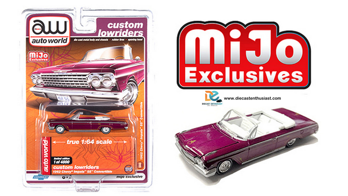 Auto World Mijo Exclusive Custom Lowriders 1962 Chevy Impala Convertible Plum 1:64