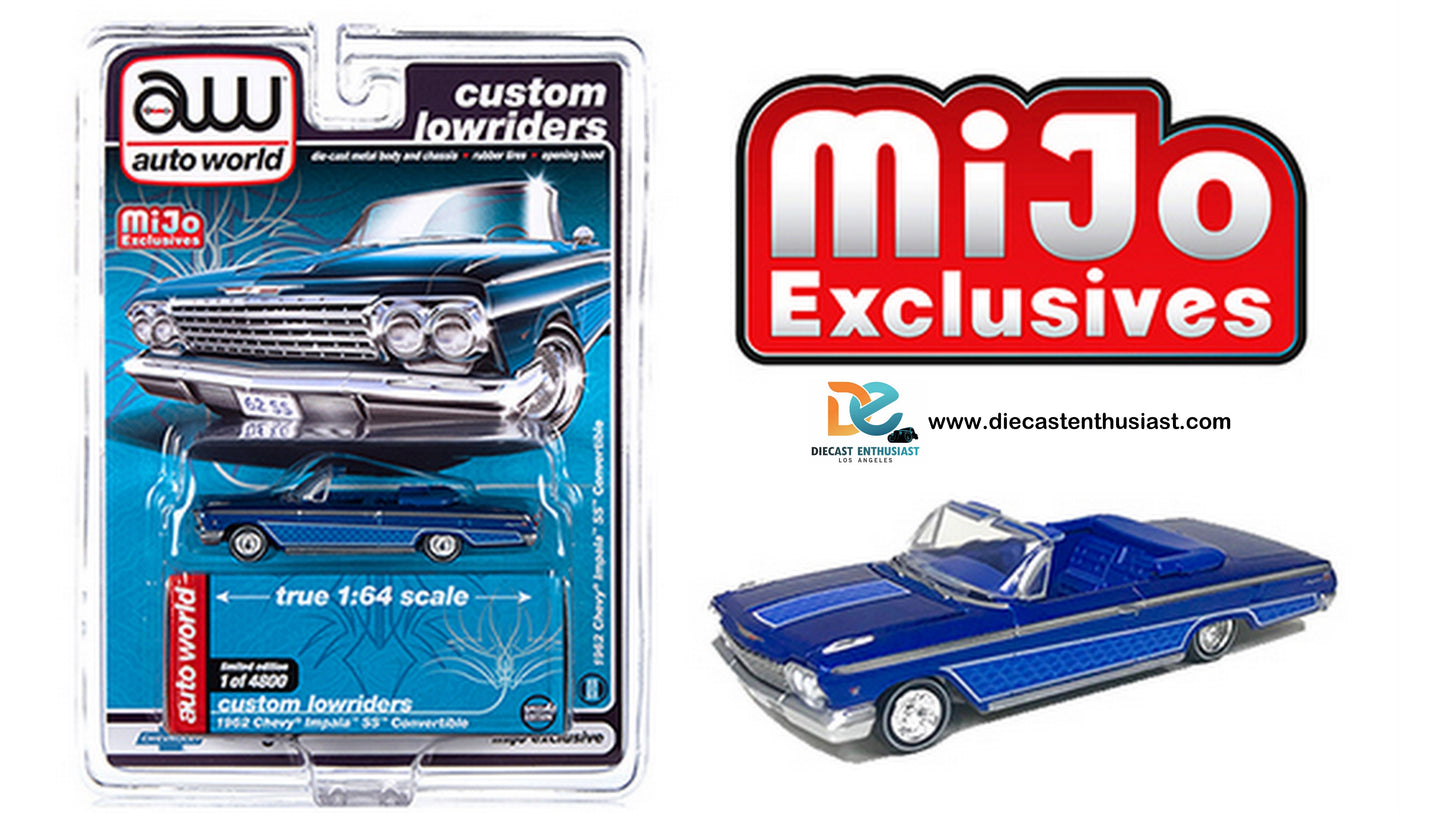 Auto World Mijo Exclusive Custom Lowrider 1962 Chevy Impala Convertible Blue 1:64