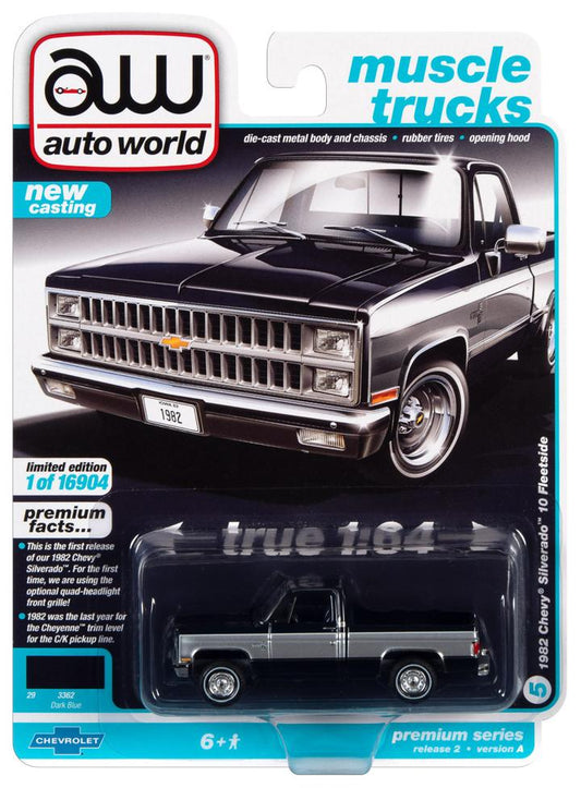 Auto World Muslce Trucks 1982 Chevrolet Silverado 10 Midnight Blue Body w/Silver Sides 1:64