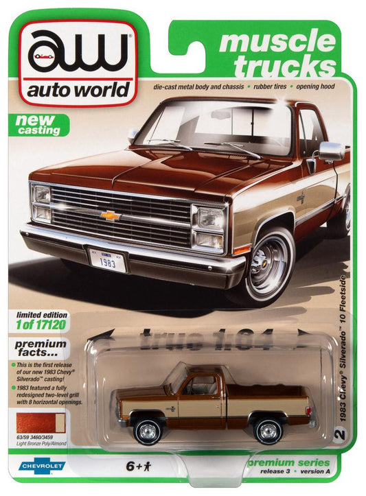 Auto World Modern Muscle 1983 Chevy Silverado 10 Fleetside Light Bronze Poly Almond 1:64