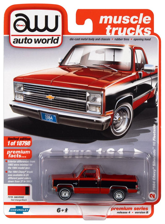 Auto World Muscle Trucks 1984 Chevrolet Silverado 10 Fleetside Red Orange Black 1:64