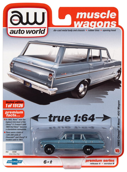 Auto World 1963 Chevy II Nova 400 Wagon Silver Blue Poly 1:64