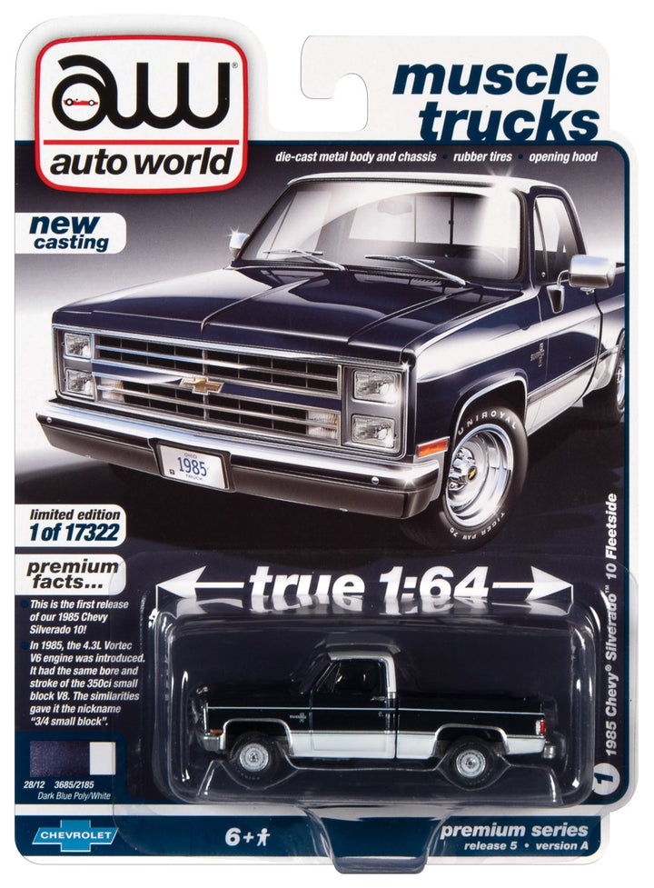 Auto World Muscle Trucks 1985 Chevy Silverado 10 Fleetside Dark Blue Poly White 1:64