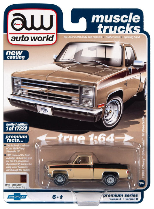 Auto World Muscle Trucks 1985 Chevy Silverado 10 Fleetside Tan Dark Brown Poly 1:64