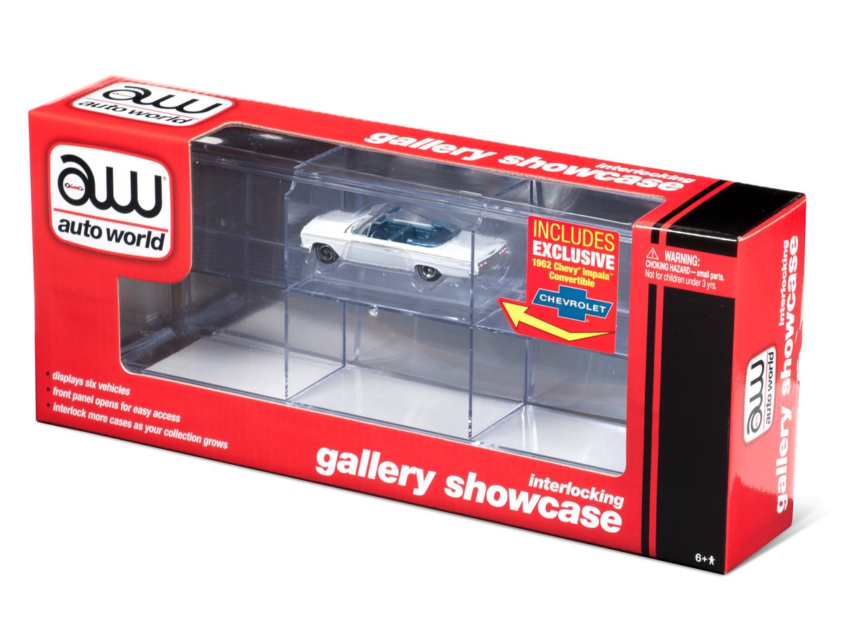 Auto World Interlocking Gallery Showcase 6 Cars with 1962 Chevy Impala Convertible White 1:64