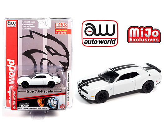 Auto World Mijo Exclusive 2019 Dodge Challenger SRT Hellcat White with Black Stripes 1:64