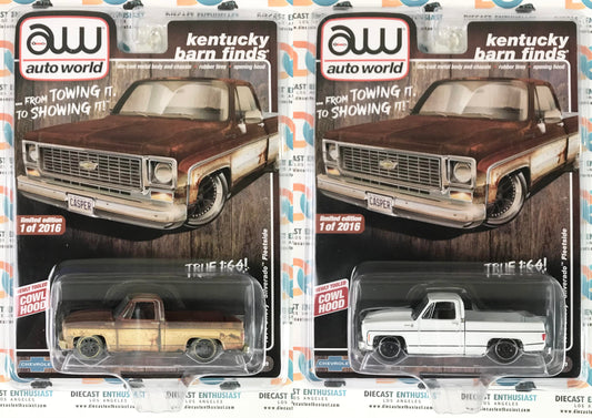 Auto World Exclusives Kentucky Barn Finds 1974 Chevy Silverado Fleetside Pair White & Weathered Version 1:64