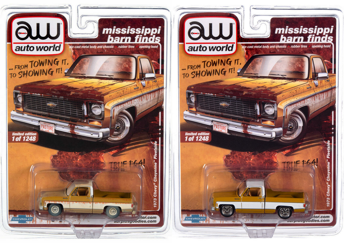 Auto World Mississippi Barn Finds 1973 Chevy Cheyenne Fleetside Pair Clean & Weathered 1:64