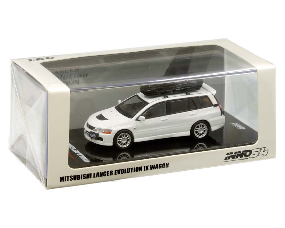 Inno64 Mitsubishi Lancer Evolution IX Wagon with Roof Cargo Box & Extra Wheels White Pearl 1:64