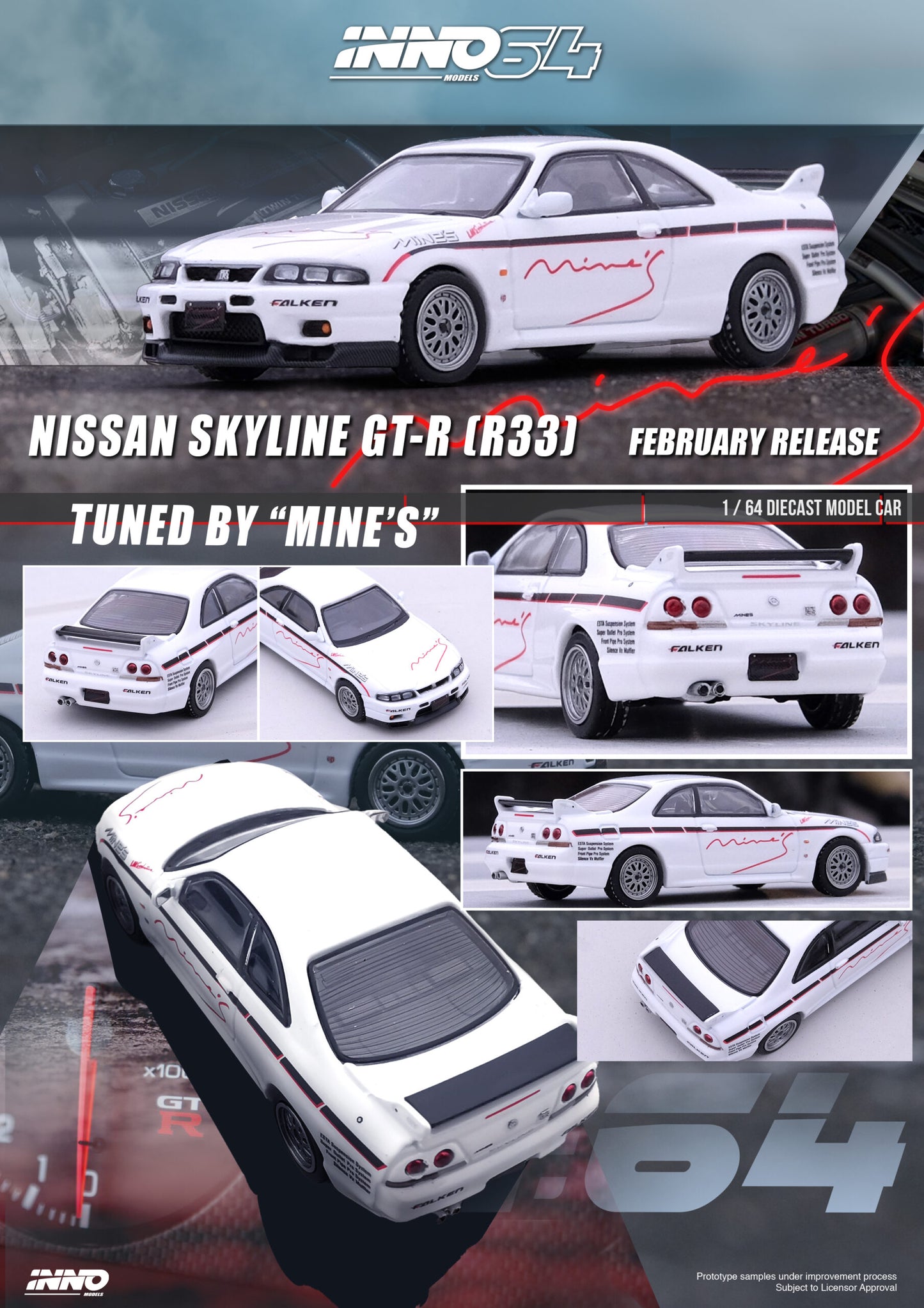 Inno64 Nissan Skyline GTR R33 Tuned by Mine's White 1:64