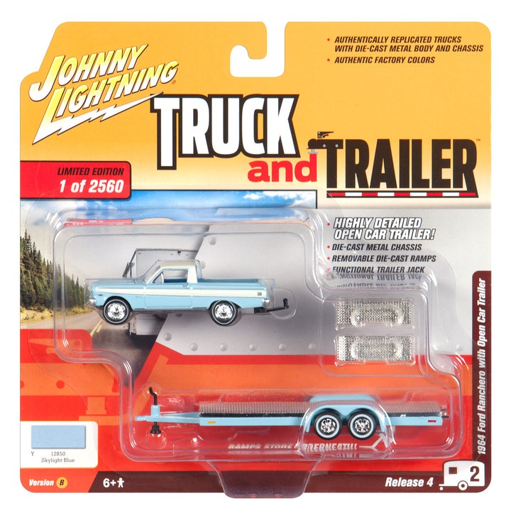Johnny Lightning Truck Trailer 1964 Ford Ranchero with Open Car Trailer Light Blue 1:64