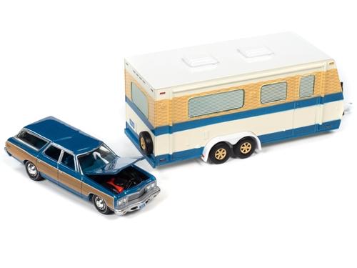 Johnny Lightning Truck Trailer 1973 Chevy Caprice Wagon with Camper Trailer Blue 1:64