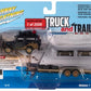 Johnny Lightning Truck Trailer 1980 Toyota Land Cruiser with Open Car Trailer Black 1:64