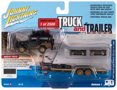 Johnny Lightning Truck Trailer 1980 Toyota Land Cruiser with Open Car Trailer Black 1:64