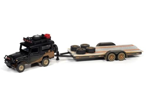 Johnny Lightning Truck Trailer 1980 Toyota Land Cruiser with Open Car Trailer Black 1:64