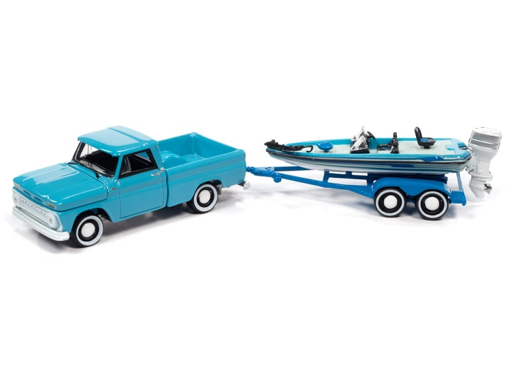 Johnny Lightning Hulls & Haulers 1965 Chevy Stepside with Boat & Trailer Turqoise Gloss 1:64