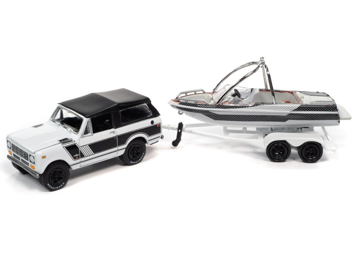 Johnny Lightning Hulls & Haulers 1979 International Scout II with Boat & Trailer White 1:64