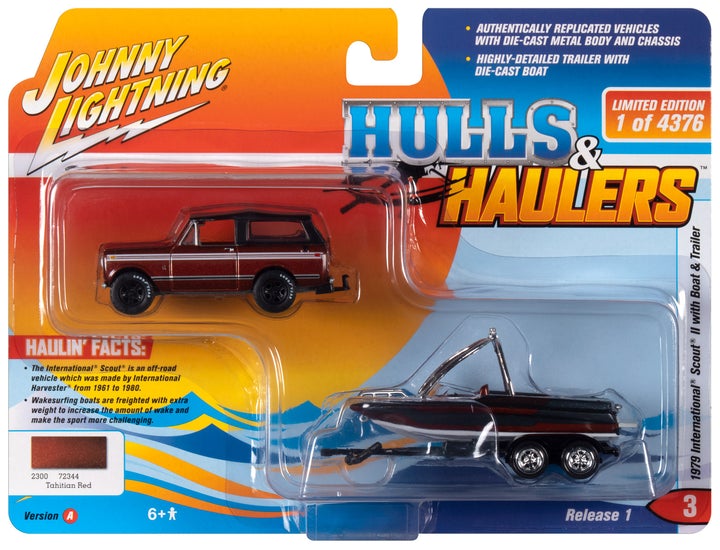 Johnny Lightning Hulls & Haulers 1979 International Scout II with Boat & Trailer Tahitian Red 1:64