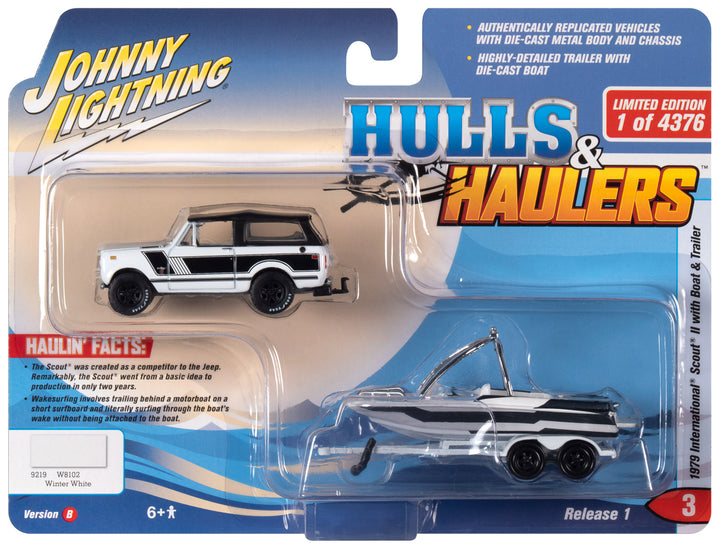 Johnny Lightning Hulls & Haulers 1979 International Scout II with Boat & Trailer White 1:64