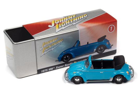 Johnny Lightning Tin 1975 Volkswagen VW Beetle Convertible Blue 1:64