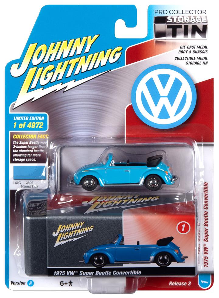 Johnny Lightning Tin 1975 Volkswagen VW Beetle Convertible Blue 1:64