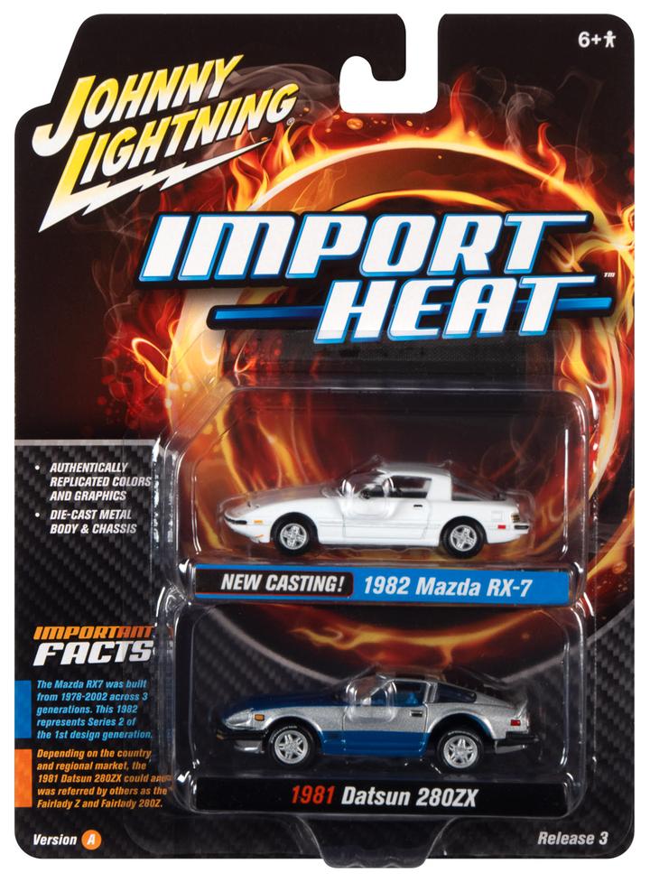 Johnny Lightning Import Heat 1982 Mazda RX-7 White & 1981 Datsun 280ZX Silver 1:64