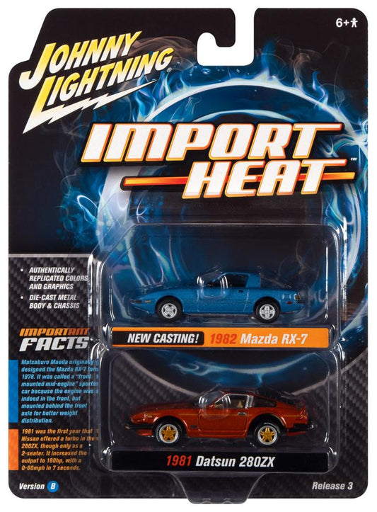 Johnny Lightning Import Heat 1982 Mazda RX-7 Blue & 1981 Datsun 280ZX Orange 1:64