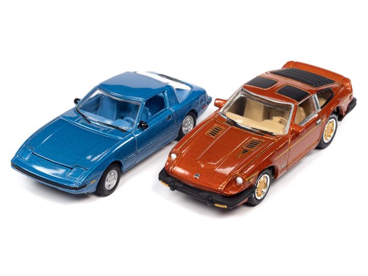 Johnny Lightning Import Heat 1982 Mazda RX-7 Blue & 1981 Datsun 280ZX Orange 1:64