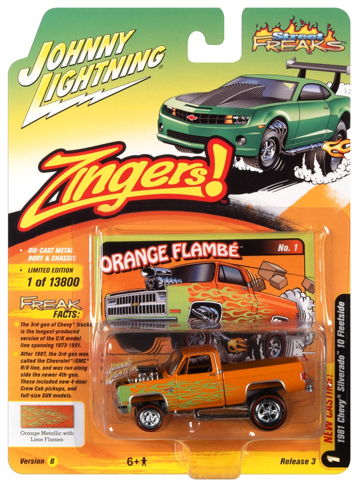 Johnny Lightning Zingers! 1981 Chevy Silverado 10 Fleetside Orange Metallic with Lime Flames 1:64