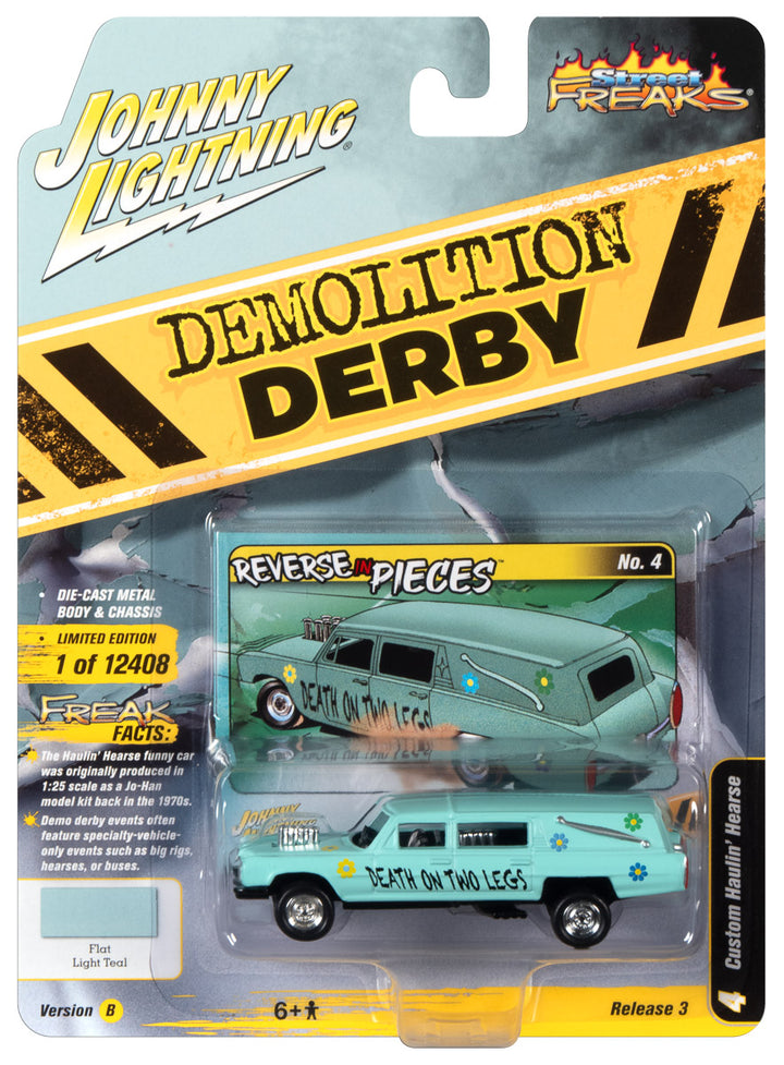Johnny Lightning Demolition Derby Custom Haulin' Hearse Flat Light Teal 1:64