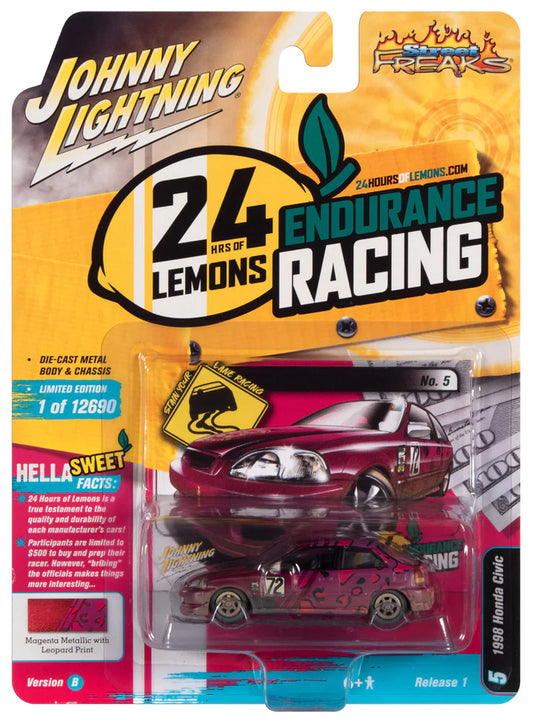 Johnny Lightning 24 Hours of Lemons Endurance Racing 1998 Honda Civic Magenta Metallic with Leopard Print 1:64