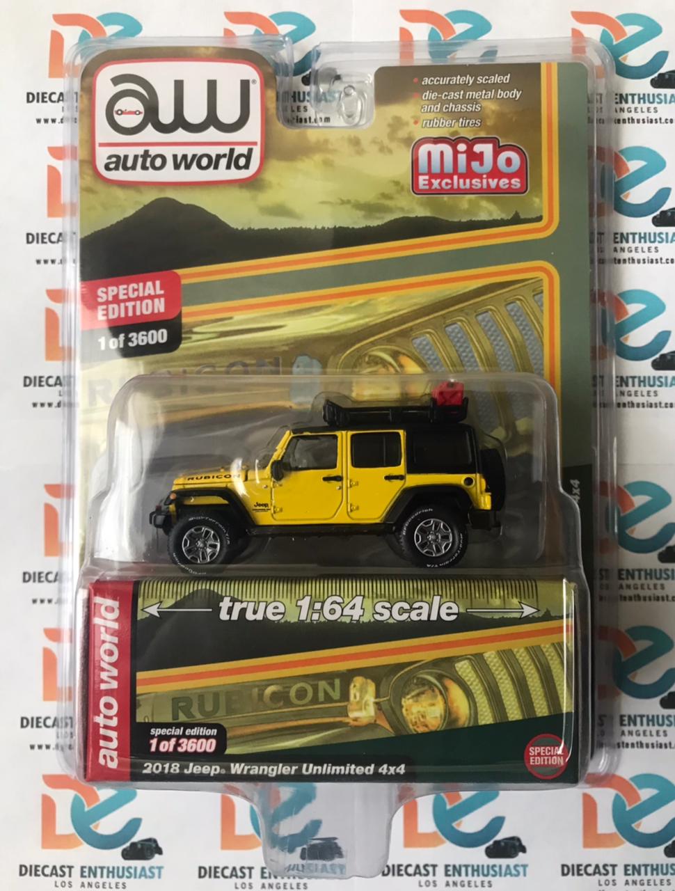 Auto World Mijo Exclusive 2018 Jeep Wrangler Rubicon Unlimited Yellow Roof Rack 1:64