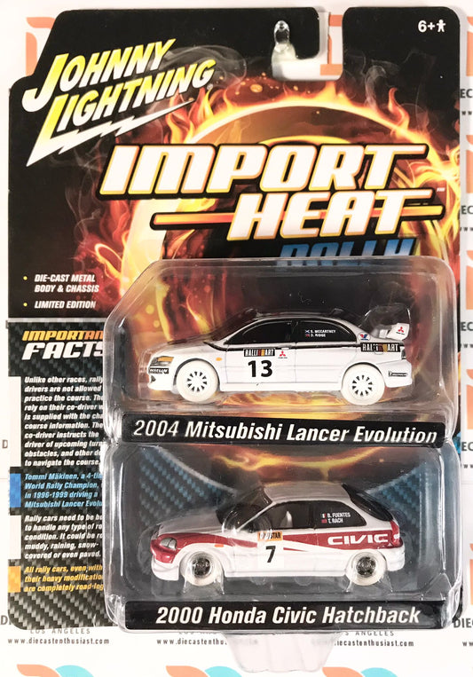 CHASE WHITE LIGHTNING Johnny Lightning Import Heat 2004 Mitsubishi Lancer Evolution & 2000 Honda Civic Hatchback 1:64