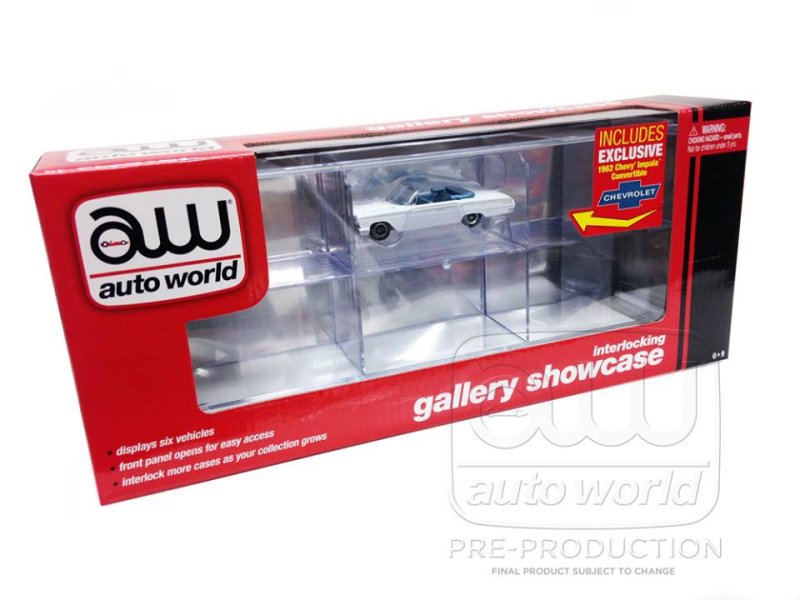 Auto World Interlocking Gallery Showcase 6 Cars with 1962 Chevy Impala Convertible White 1:64