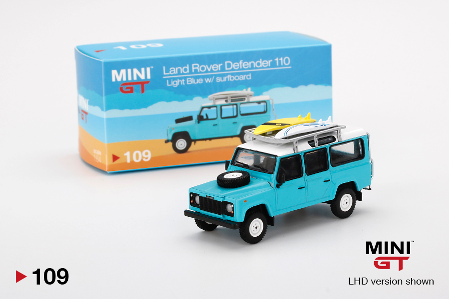 Mini GT 109 Land Rover Defender 110 Light Blue with Surfboard 1:64 (Asian Release Box Version)