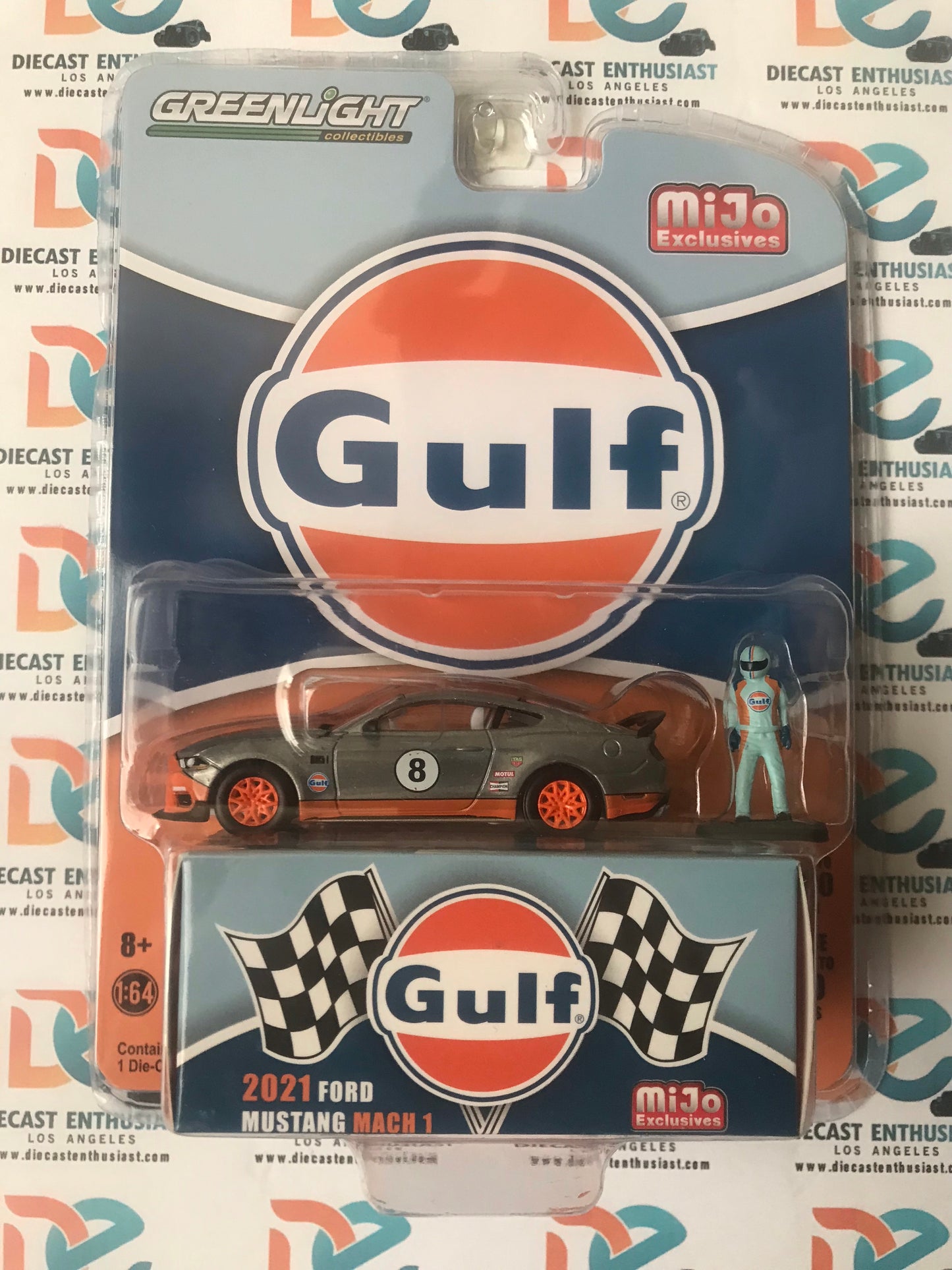 CHASE Greenlight Mijo Exclusives 2021 Ford Mustang Mach 1 Gulf Racing with Figure 1:64