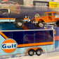 Auto World Chevy Silverado 4X4 Enclosed Trailer Gulf Oil with Zinger 55 Chevy Gasser Orange 1:64