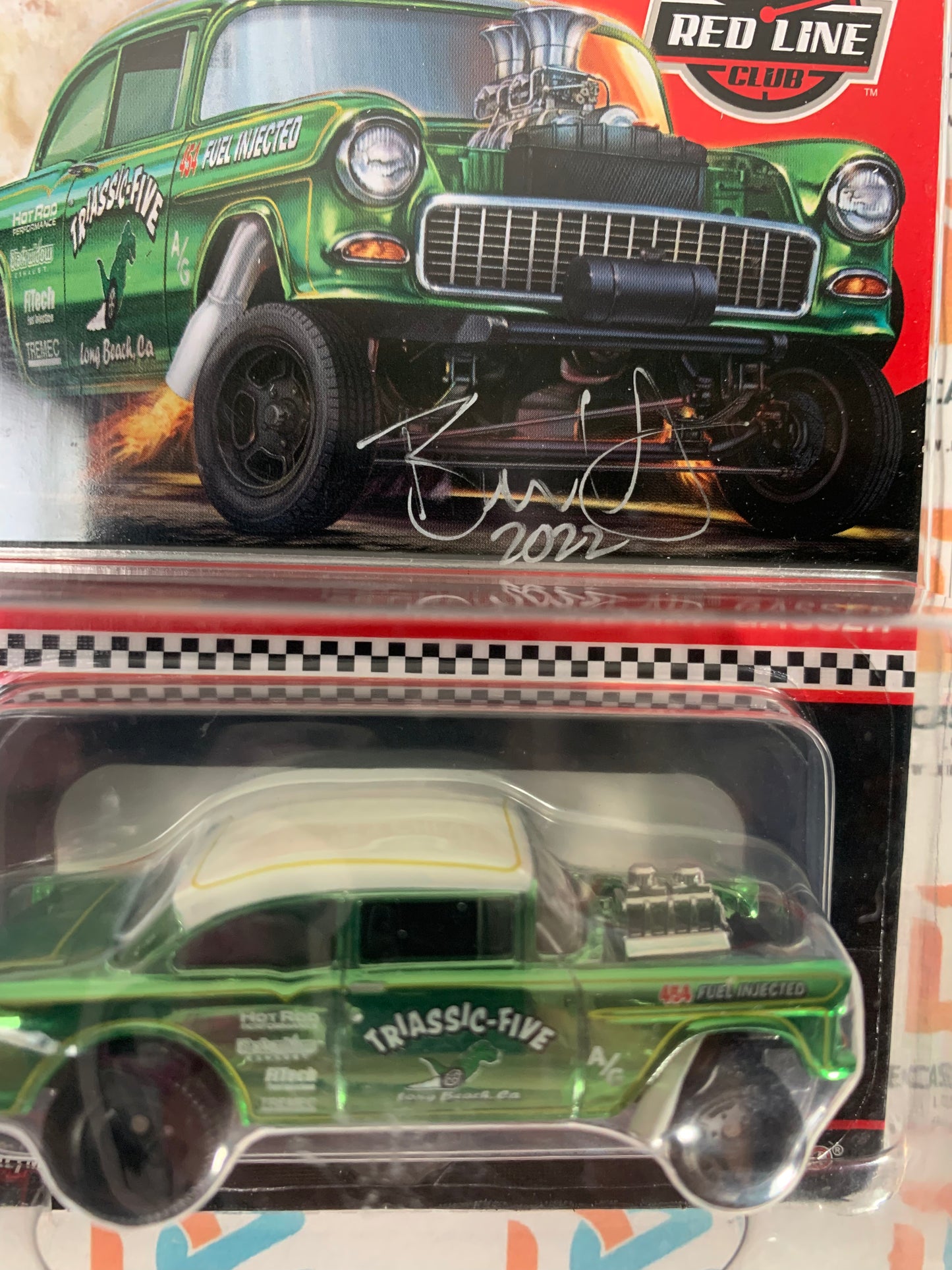 Hot Wheels RLC 55 Chevy Bel Air Gasser Triassic-Five Green with Brendon  Vetuskey Signature 1:64