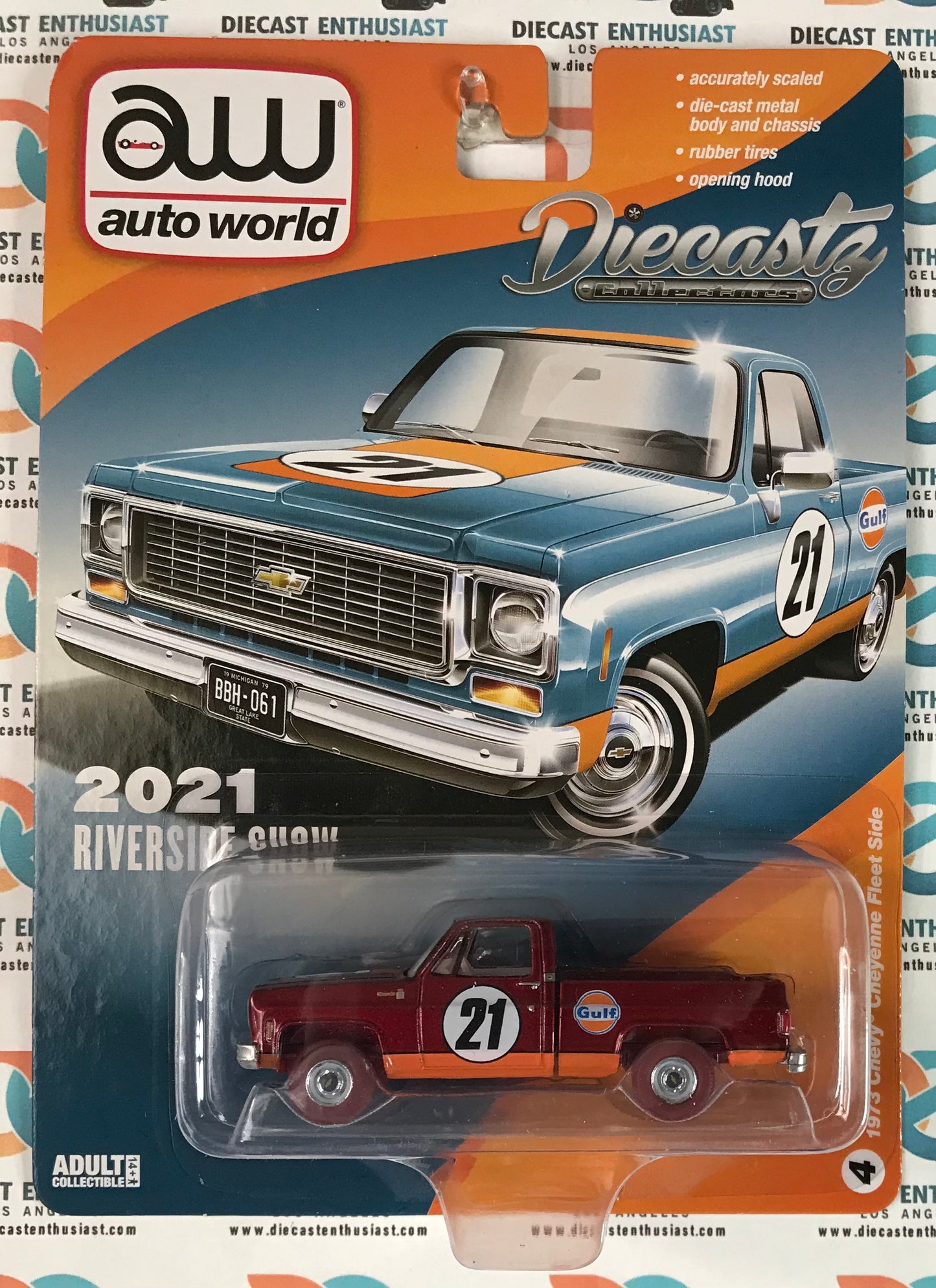 CHASE Auto World Diecastz Exclusives 2021 Riverside Show 1973 Chevy Cheyenne Fleetside Gulf Light Blue 1:64