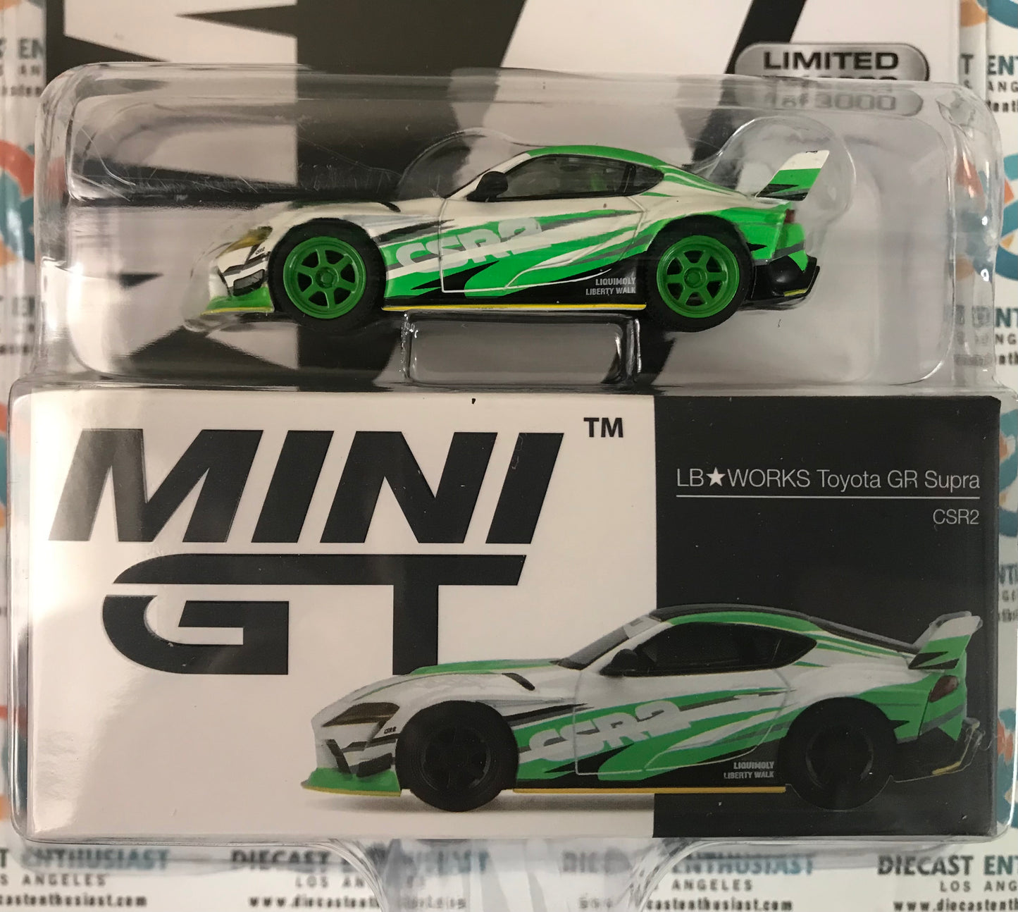 CHASE Mini GT Mijo Exclusives 308 LB WORKS Toyota GR Supra CSR2 White Green 1:64