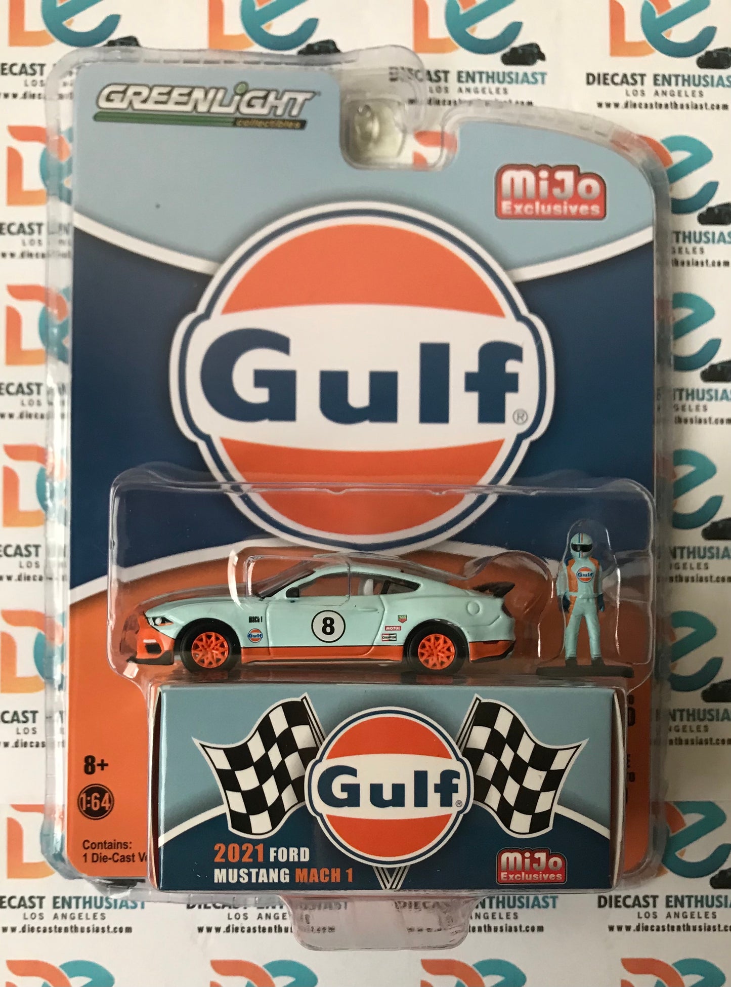 Greenlight Mijo Exclusives 2021 Ford Mustang Mach 1 Gulf Racing with Figure 1:64