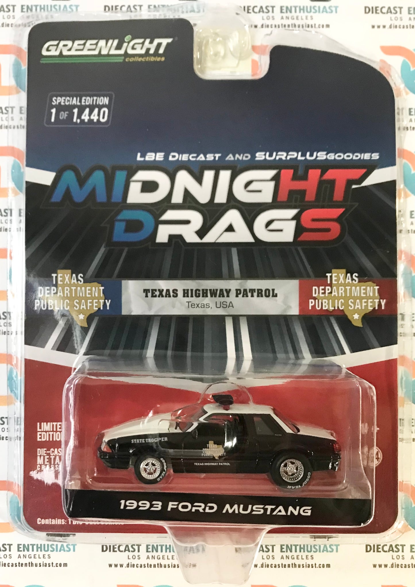 Greenlight Exclusives Midnight Drags Texas Highway Patrol 1993 Ford Mustang Black 1:64