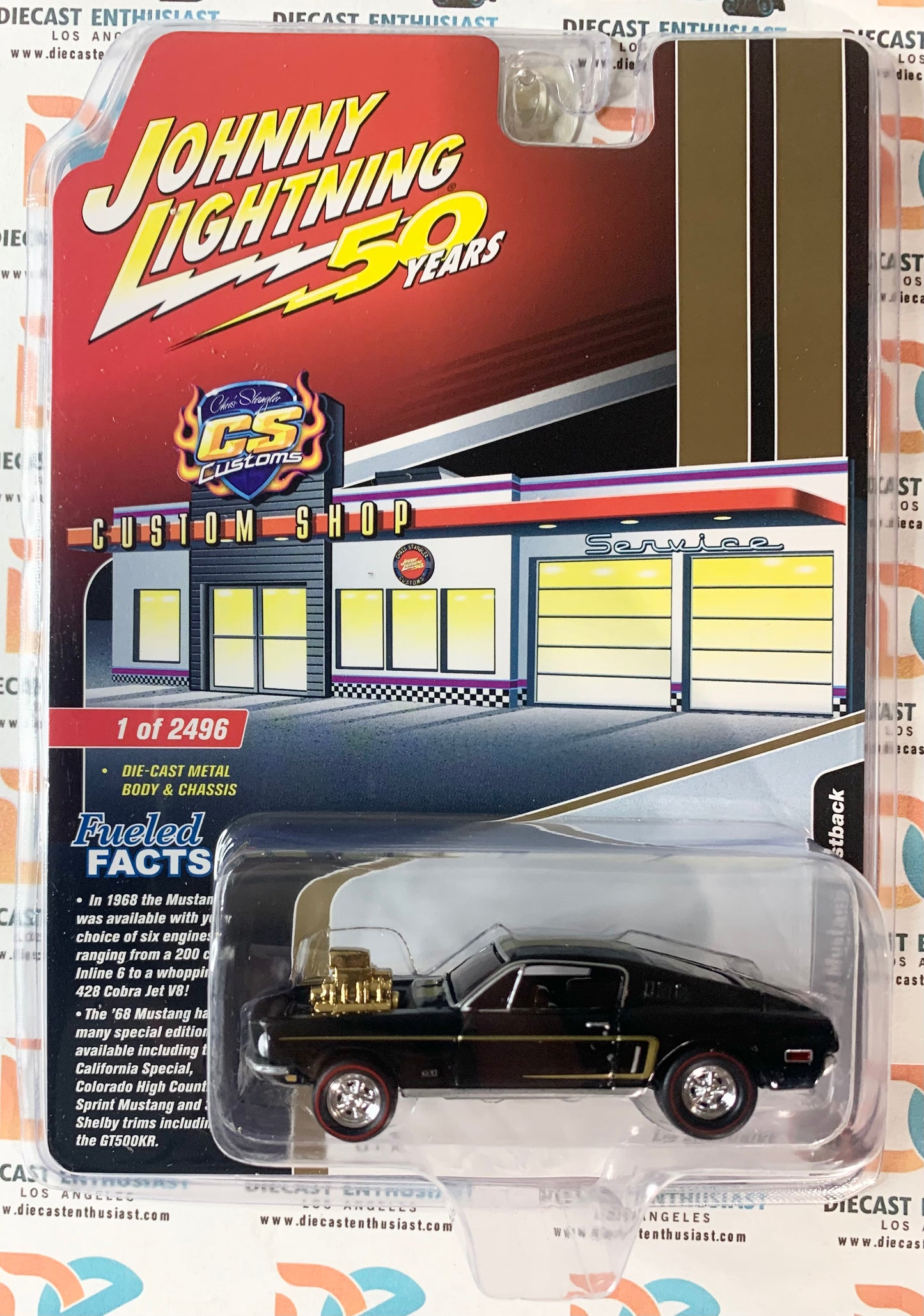 Johnny Lightning CS Customs Exclusives 1968 Ford Mustang Fastback Blow Engine Black 1:64