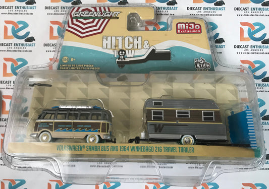 CHASE Greenlight Mijo Exclusives Hitch & Tow Volkswagen Samba Bus & 1964 Winnebago 216 Travel Trailer 1:64