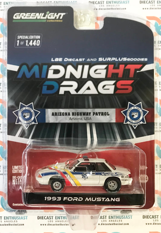 Greenlight Exclusives Midnight Drags Arizona Highway Patrol 1993 Ford Mustang White 1:64