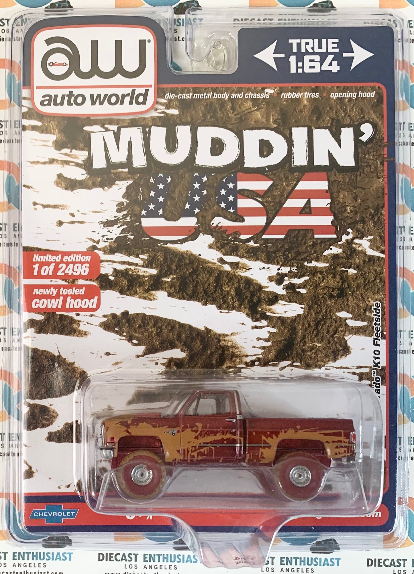 CHASE Auto World Exclusives Muddin' USA 1983 Chevy Silverado K10 Fleetside Red Orange 1:64