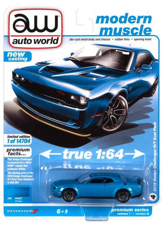 Auto World Modern Muscle 2019 Dodge Challenger RT Scat Pack B5 Blue 1:64