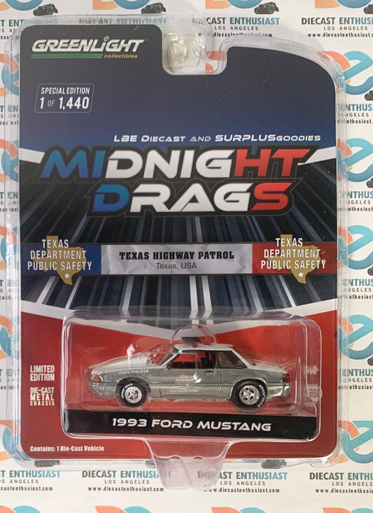 CHASE RAW Greenlight Exclusives Midnight Drags Texas Highway Patrol 1993 Ford Mustang Black 1:64